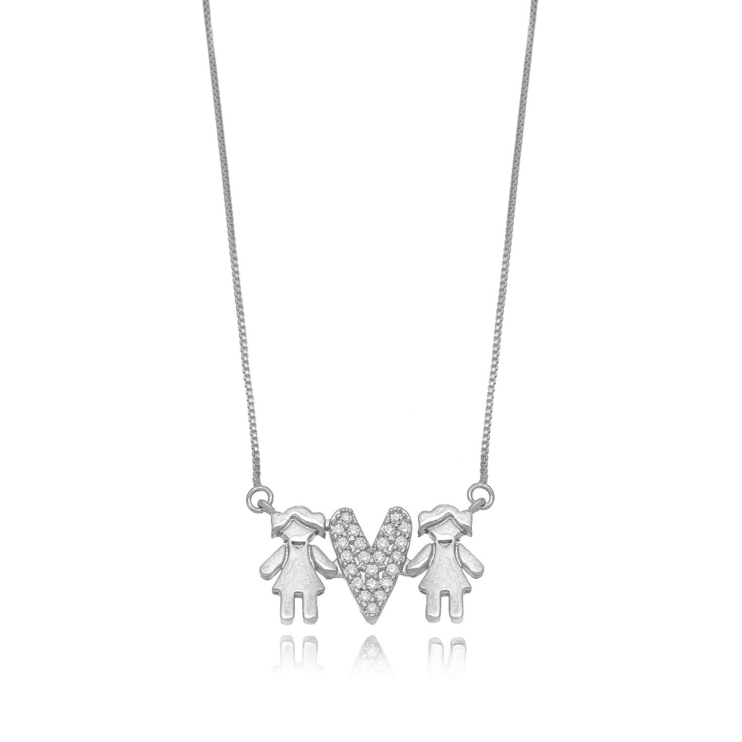 COLAR 2 MENINAS CORACAO MICRO ZIRCONIA BRANCO